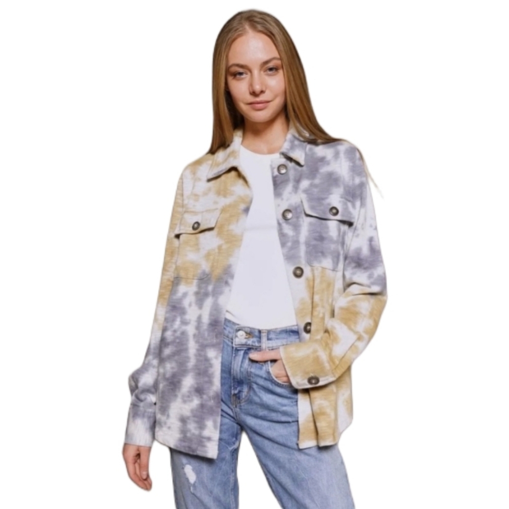 NWT  Mystree  Women's S   Tie-dye  Shacket  Pockets  Camel & Blue - Picture 1 of 7